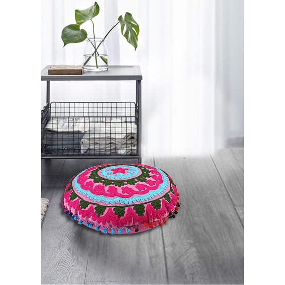 Stylo Culture Ethnic Meditation Cushion Floor Pillow Traditional Embroidered Suzani Cushion Cover Pink Small 18x18 Decorative Round Decor Seating Tuffet Seat Pouf Cover Footstool Cotton Floral 1 Pc