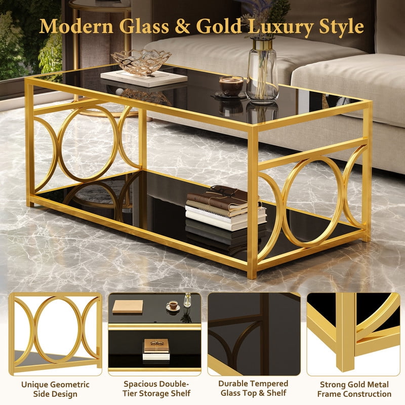 Glass Top Coffee End Table with Gold Metal Frame, Rectangular 2-Tier Storage Center Cocktail Table with Open Storage Shelf
