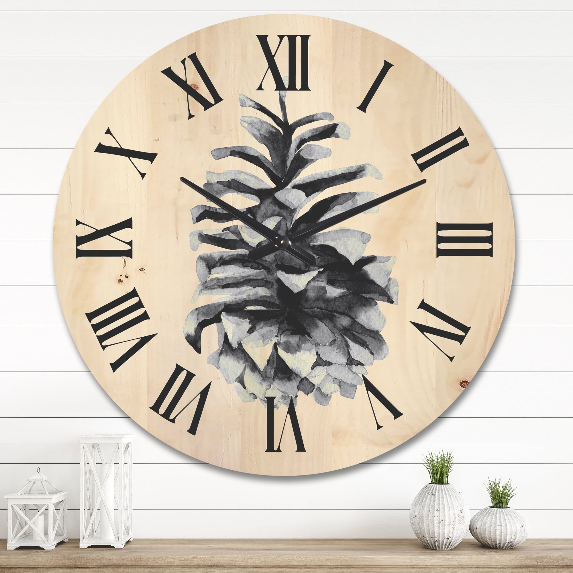 Designart 'Conifer Cone Black and White' Traditional Wood Wall Clock