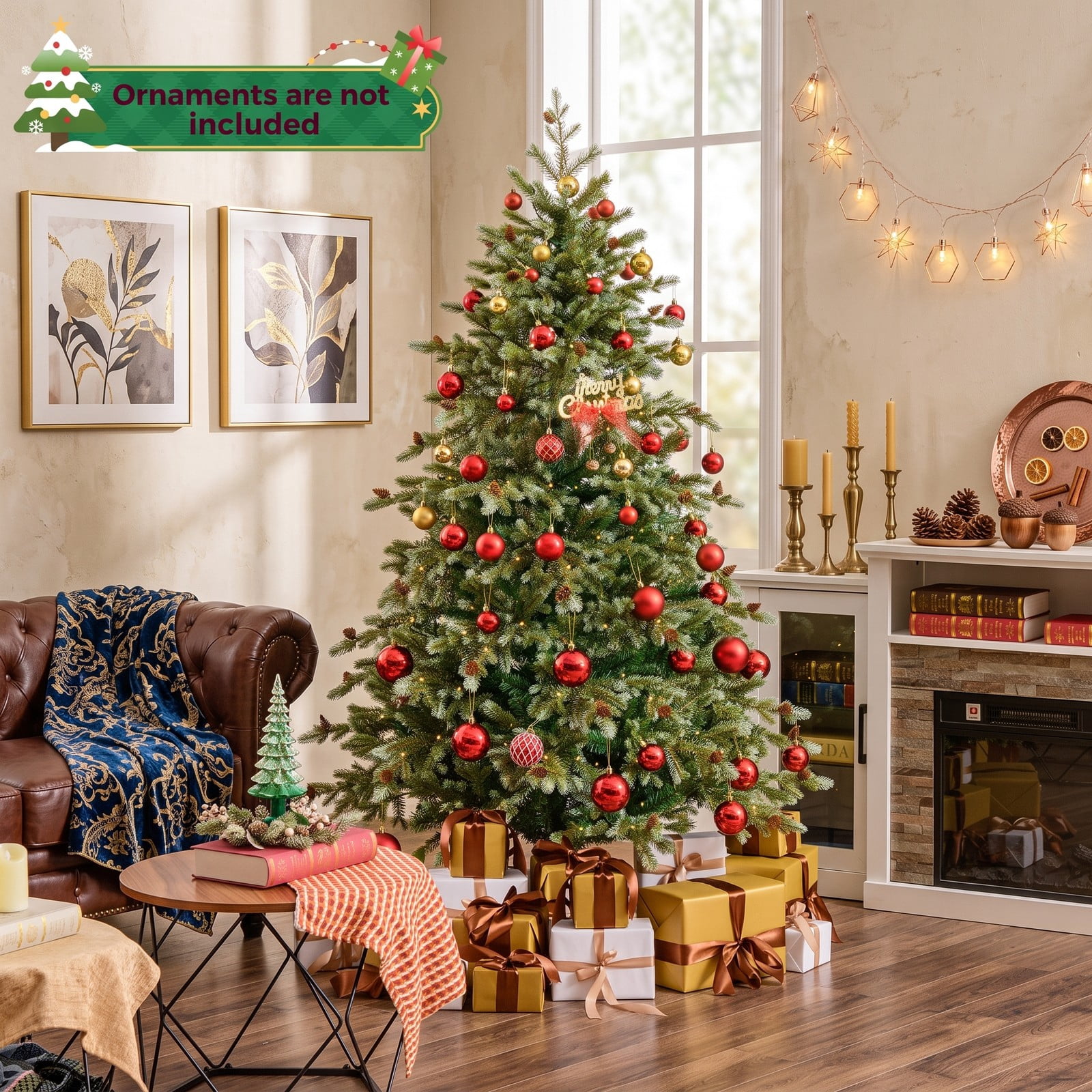 RUIE 6 FT Artificial Christmas Tree with 240 Warm White LED Lights and 53 Pine Cones, Pre-Lit Hinged Xmas Tree with Metal Stand for Home Office Holiday, Green