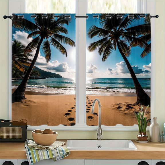 WNOOHIY Tropical Beach Palm Tree Footprints Grommet Blackout Curtains, Thermal Insulated Noise‑Reducing Room Darkening Curtain Drapes for Bedroom Living Room, 2Pcs