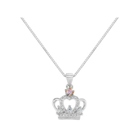 - 925 Sterling Silver Clear Pink CZ Princess Crown Necklace Pendant Girls Kids 16