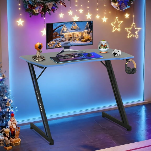Dkelincs 39 inch Gaming Desk Z Shaped Computer Desk Large PC Gaming Table PVC Surface with Headphone Hook & Adjustable Feet for Teen, Blue