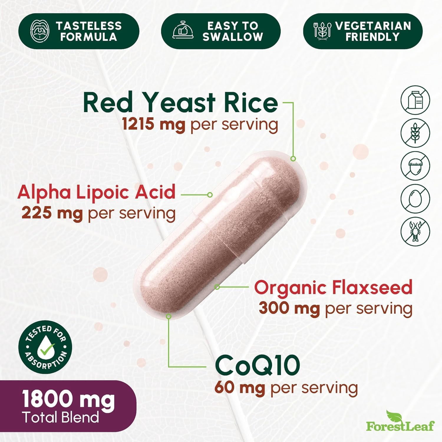 Forest Leaf Red Yeast Rice Supplement with COQ 10, Flaxseed & Alpha Lipoic Acid, 90 Count
