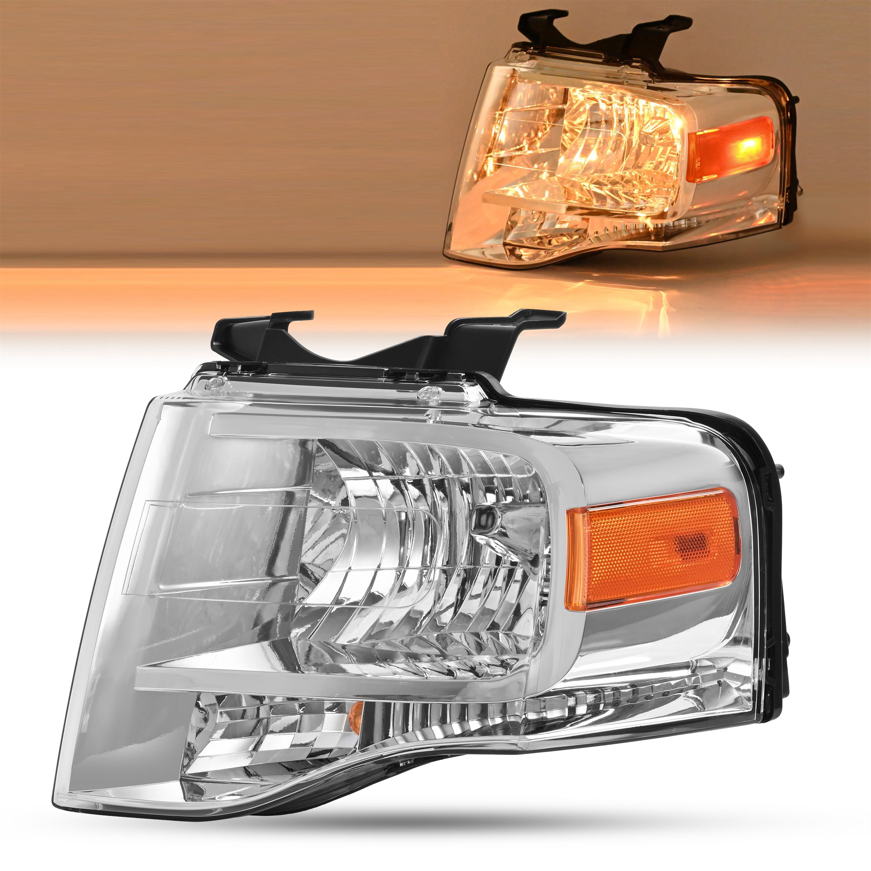 Kojem Left Headlight Assembly for 2007-2014 Ford Expedition Replaces 7L1Z13008BB FO2502226 Halogen Headlamp Front Light Lamp w/Bulb Clear Lens Chrome Housing Driver Side