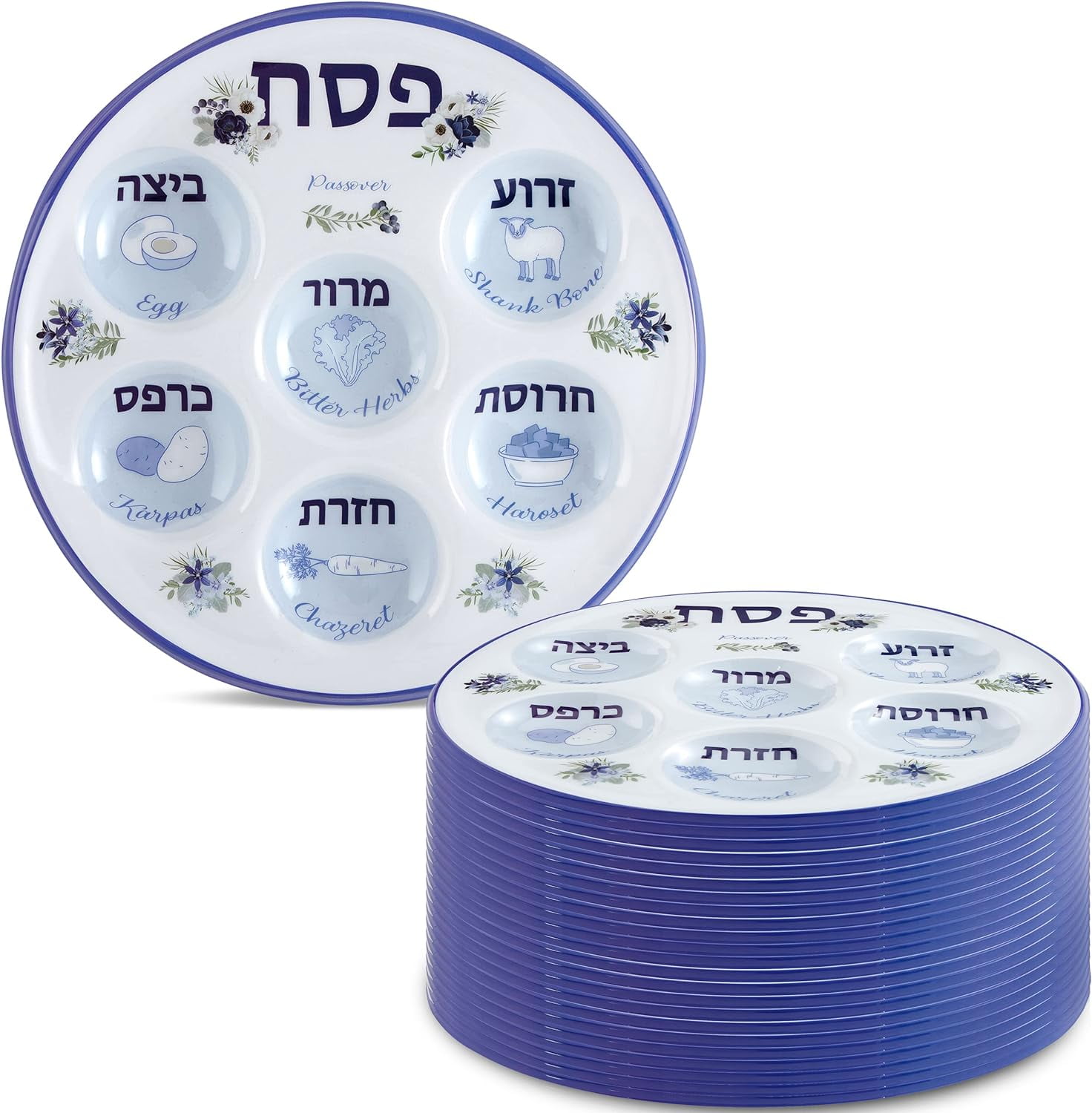 Aviv Judaica Bulk Pack Disposable Passover Seder Plates 10" Round Passover Trays Floral Design 6 Compartment Passover Plate Durable Plastic Communal Seder Table Decorations (24-Pack)