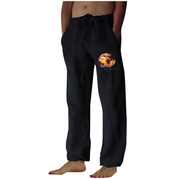 Aimik Hanes Men's Cotton Linen Pants Elastic Waist Drawstring Straight Leg Casual Pants Summer Loose Lightweight Yoga Beach Pants-Black L