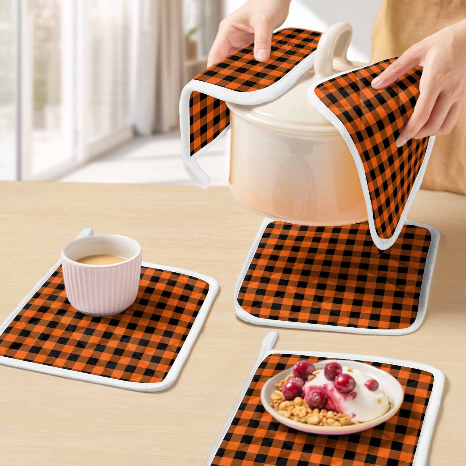 Farm Buffalo Plaid Pot Holders for Kitchen Heatproof Potholder, 2 Pack Orange Black Checkered Hot Pads Multipurpose Oven Pads Cloth Potholders Trivet for Cooking and Baking