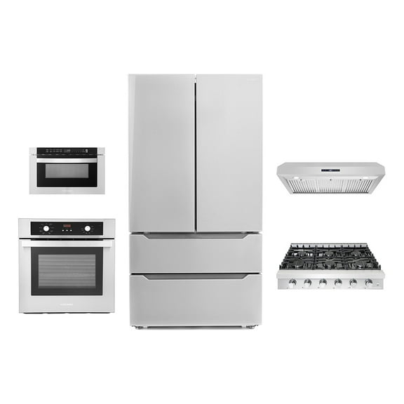 5 Piece Kitchen Package With 30" Gas Cooktop 24" Single Electric Wall Oven 24" Built-In Microwave Drawer & French Door Refrigerator