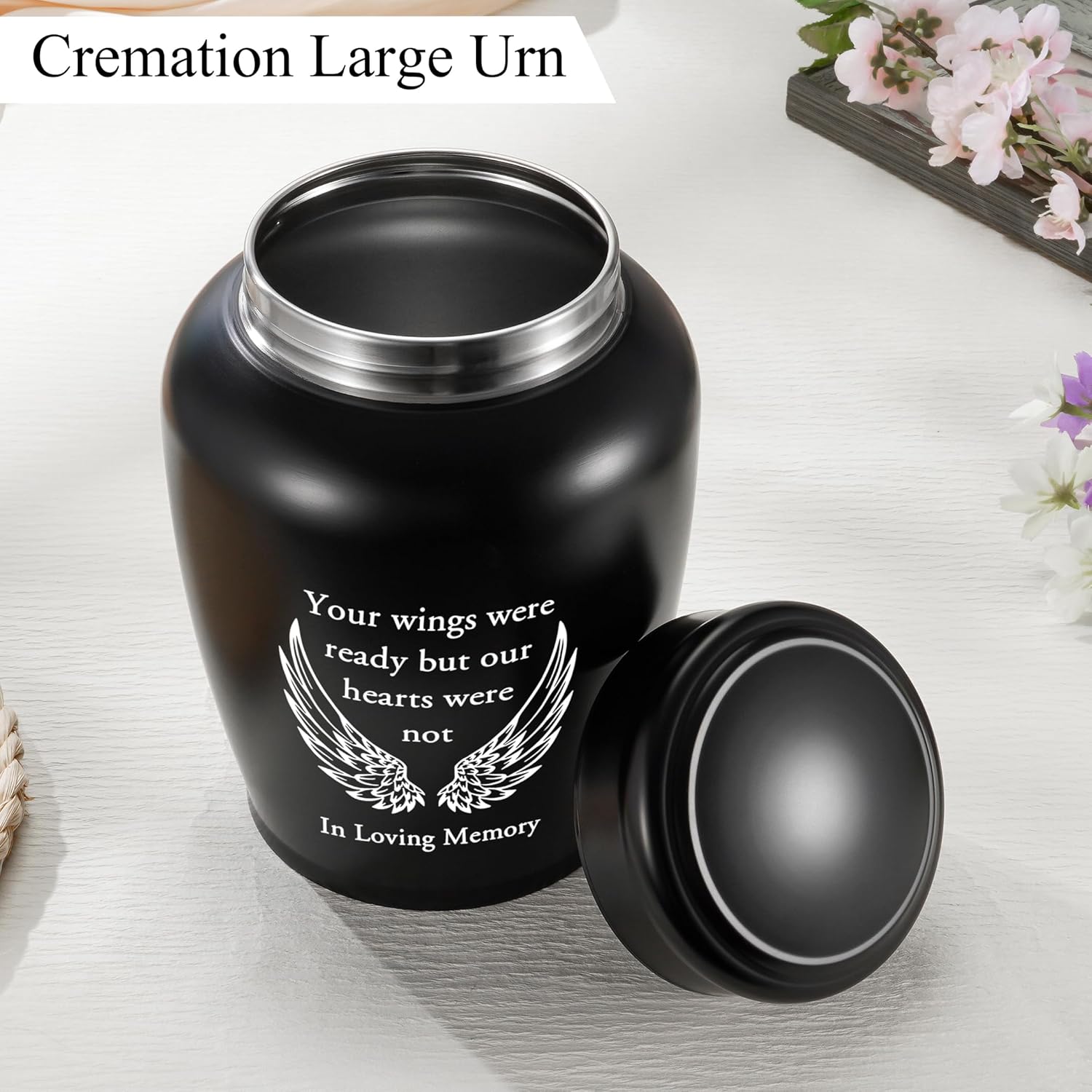 XIUDA Large Stainless Steel Urn for Human Ashes - 8.5 Inch Decorative Funeral Urn, Wings Cremation Keepsake for Men Women, Black Memorial Keepsake for Ashes