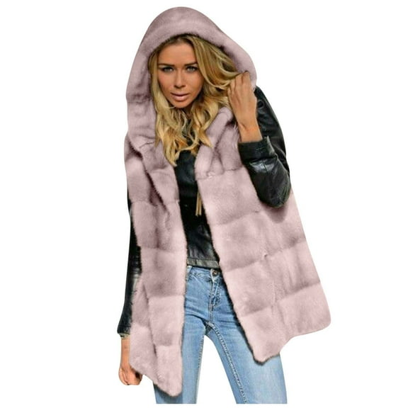 IROINNID Women's Hooded Faux-fur Coat Solid Color Long Sleeve Loose - Gilet Waistcoat Body Jacket Coat Outerwear Tops, Pink