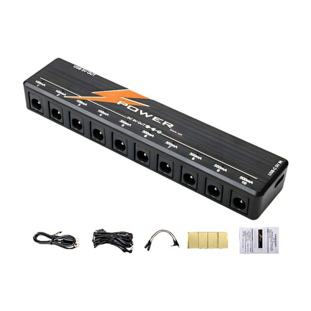 Fuente de alimentación para pedal de guitarra con 10 salidas aisladas, portátil, con adhesivos de fijación y cable. Negro