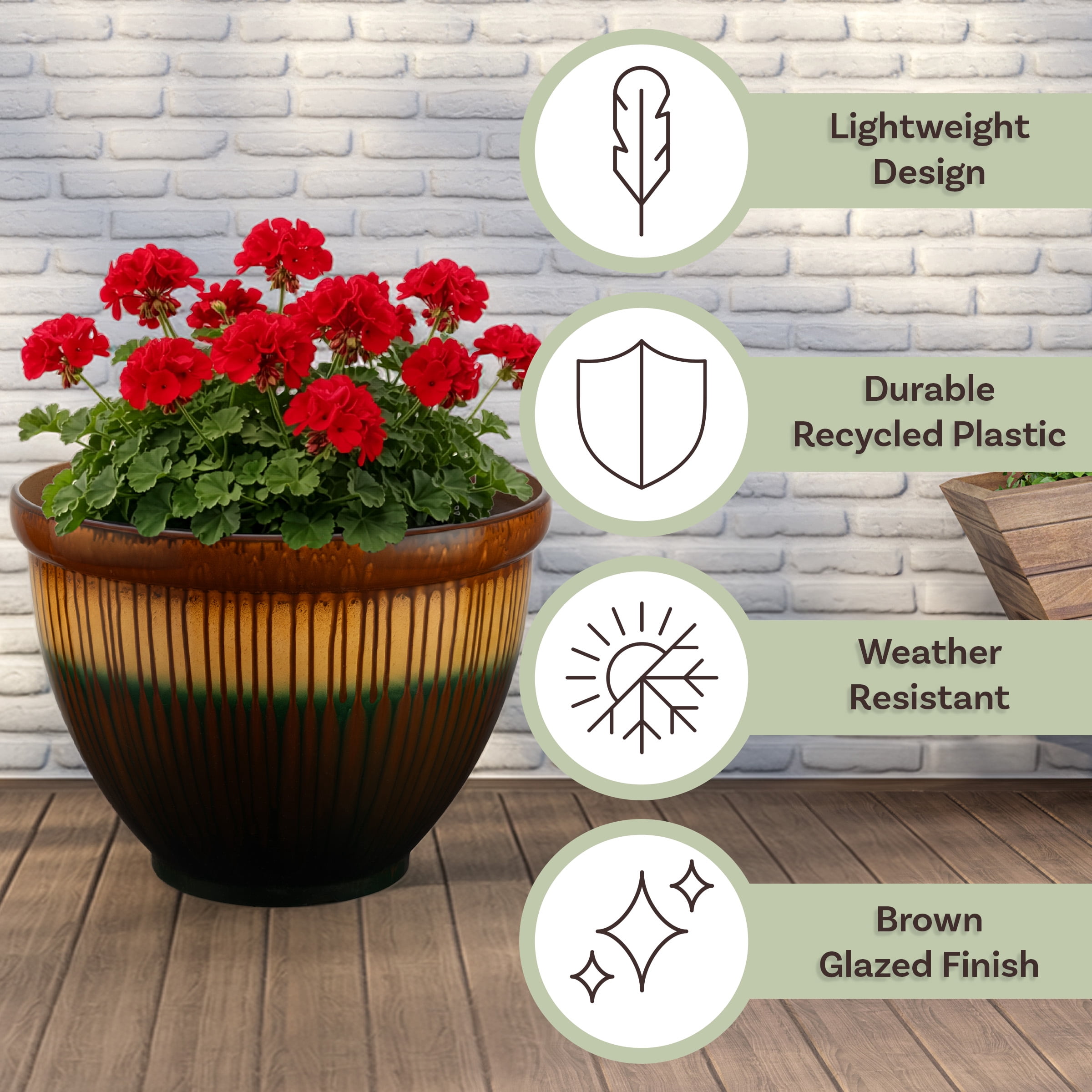 Pure Garden 13.7” Large Plastic Plant Pot with Glazed Ceramic Look for Indoors or Outdoors, Bronze