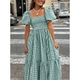 thumbnail image 3 of Aqua Green Plaid Square Neck Puff Sleeve Tiered Midi Dress For Women, 3 of 6
