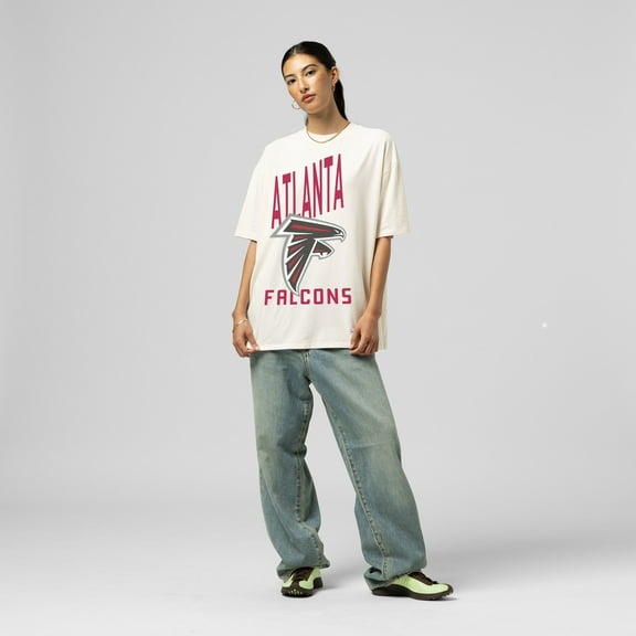 Women's Mitchell & Ness  Cream Atlanta Falcons Logo Rise Boyfriend T-Shirt