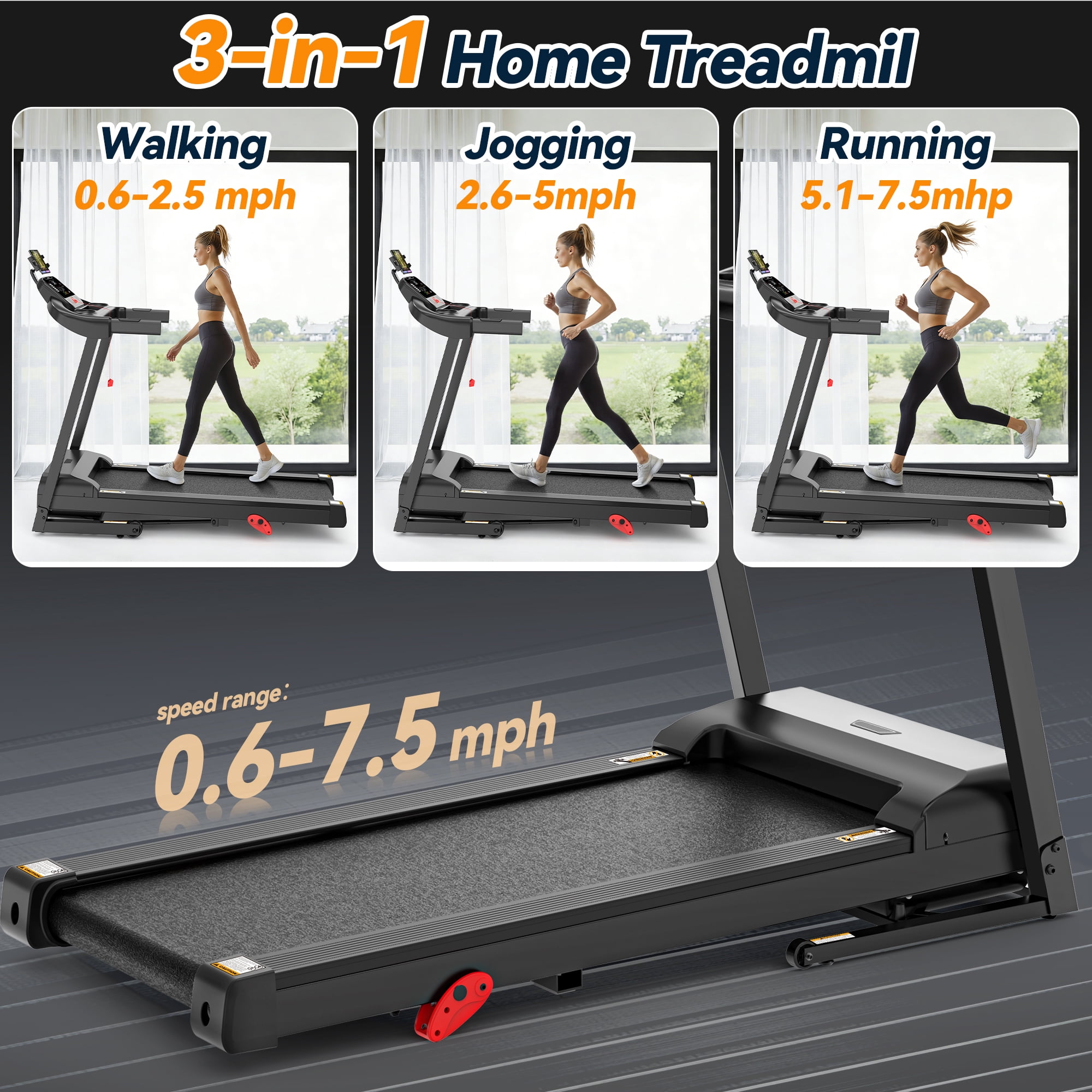 Folding Electric Treadmill for Home, Compact Running Machine with 3HP Motor, 300 Lbs Capacity, 3-Level Adjustable Incline, Up to 7.5 MPH, Quiet Brushless Motor, 64 Preset Programs, Space-Saving Fitne