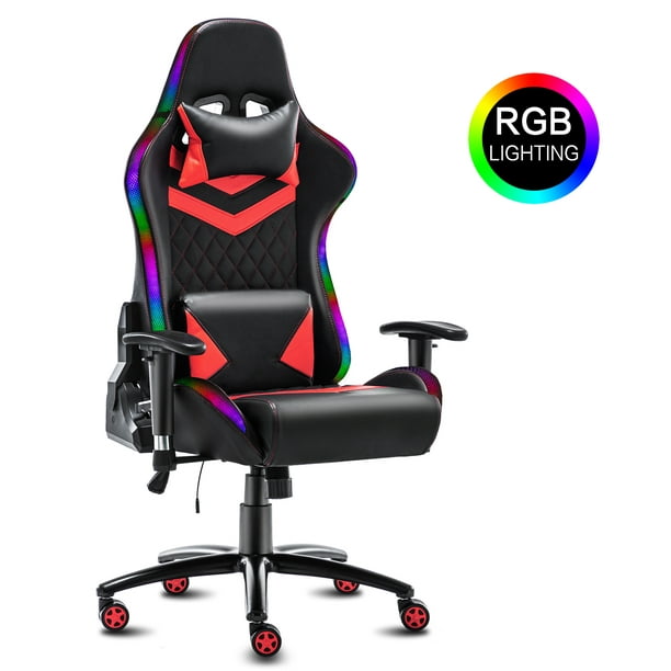 High-Back Ergonomic Gaming Chair RGB LED Lights, Headrest, Lumbar Support, Height Adjustable Recliner Office Desk Chair, Black Red - Walmart.com