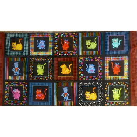 Quilt Fabric Panel - Loralie 'Cool Cats' Panel on Black Cotton Fabric, 100 percent Premium Quilt Shop Quality Cotton fabric. By Loralie Designs
