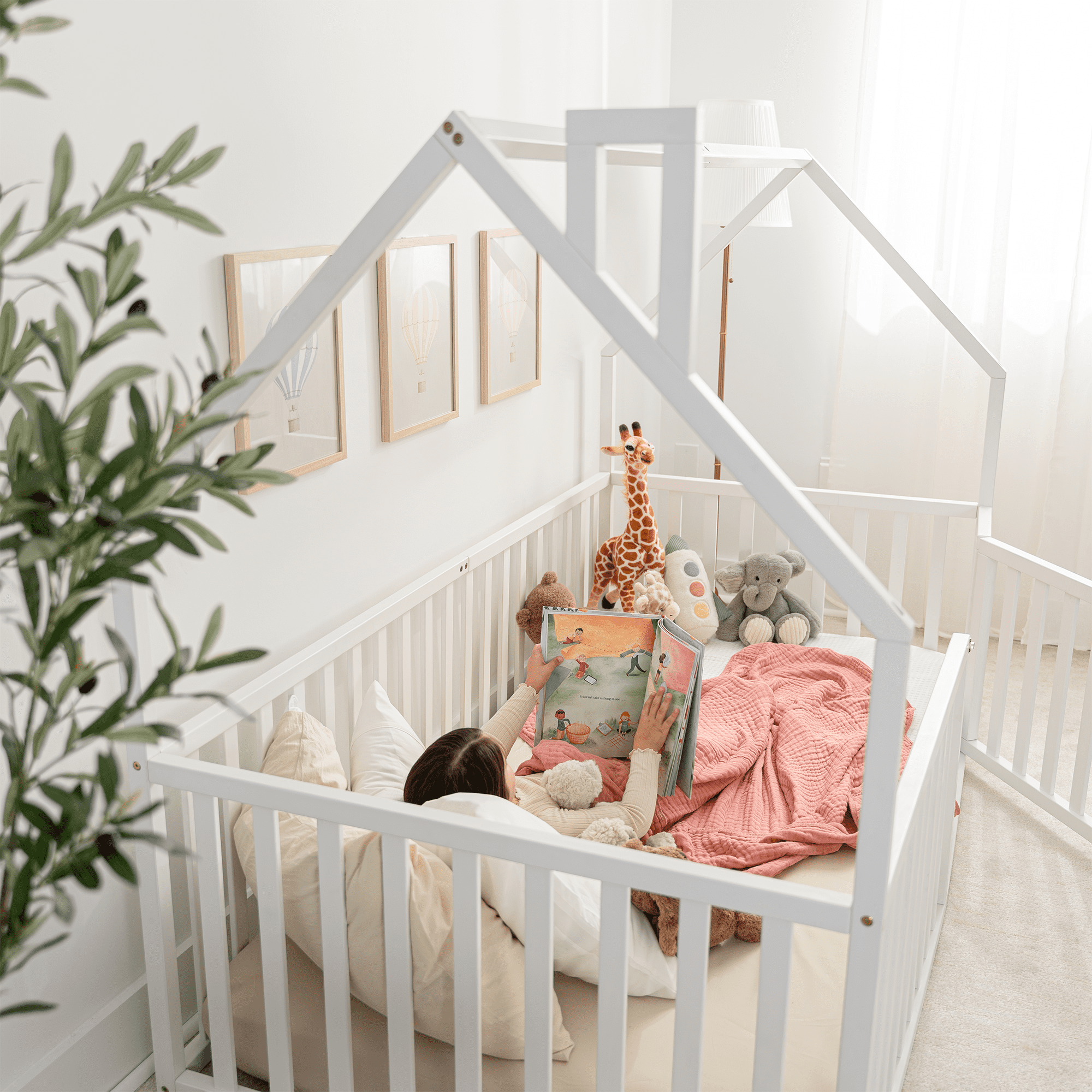 Comfy Cubs Kids House Gated Floor Bed Twin Size for Children Aged 5+,Montessori Bed - White