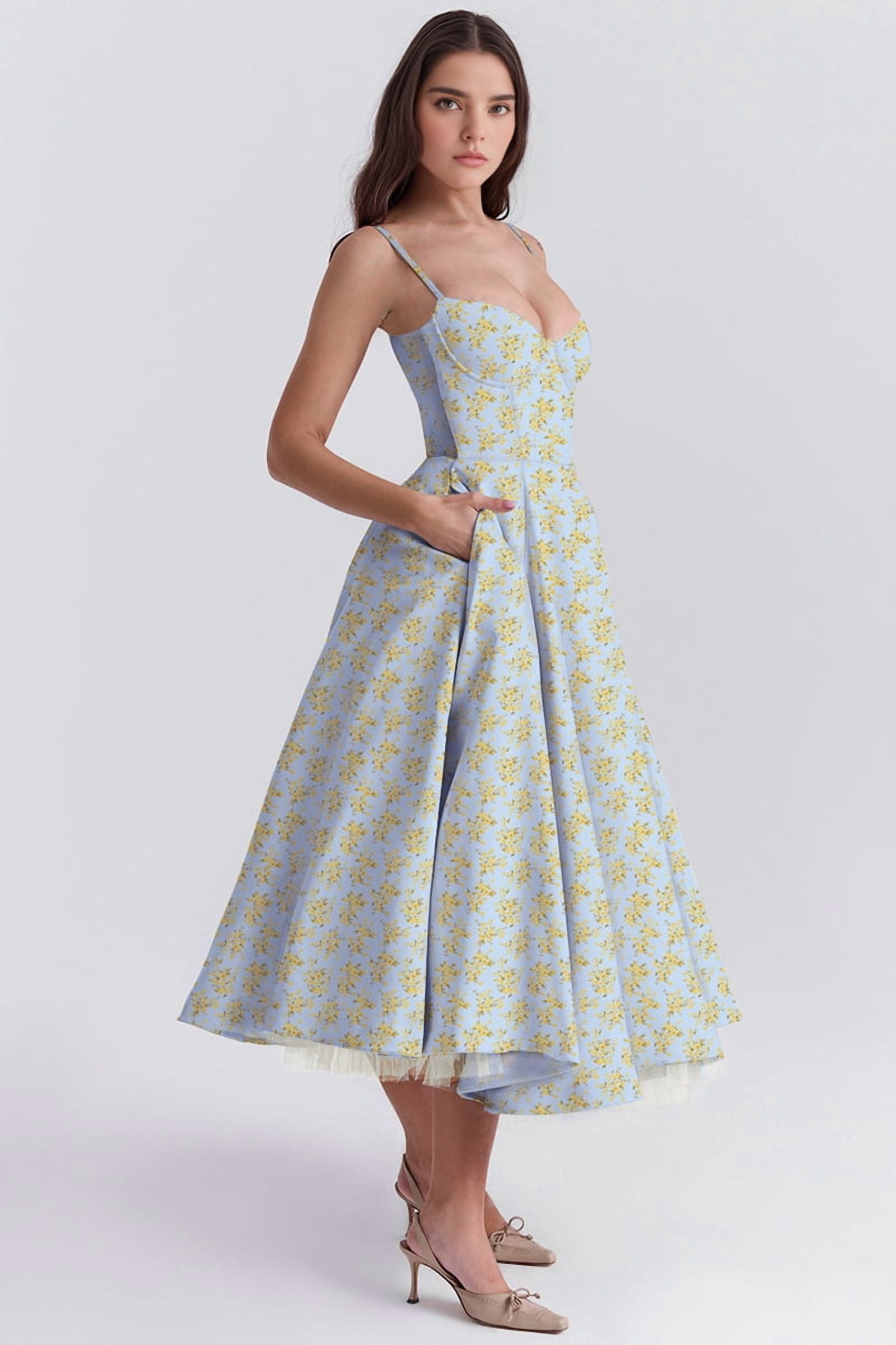 Wedding Guest Dresses for Women Spaghetti Straps Corset Homecoming Floral Lace Maxi Prom Dresses Blue Bottom L