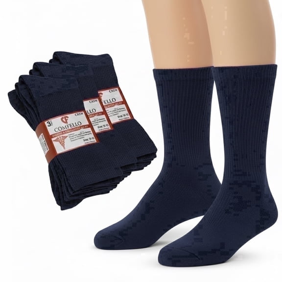Comfello 3 Pairs Men's Diabetic Socks, Non-Binding Crew Socks, Extra Wide 10-13 Navy