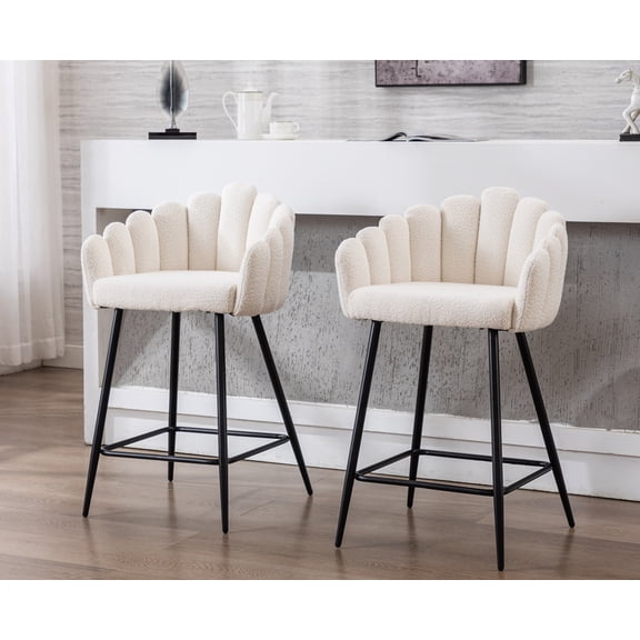 Guyou 26" Height Faux Fur Bar Stools Set of 2, Upholstered Counter Height Chairs with Petal Back and Metal Legs for Restaurant Kitchen Island Bar, White