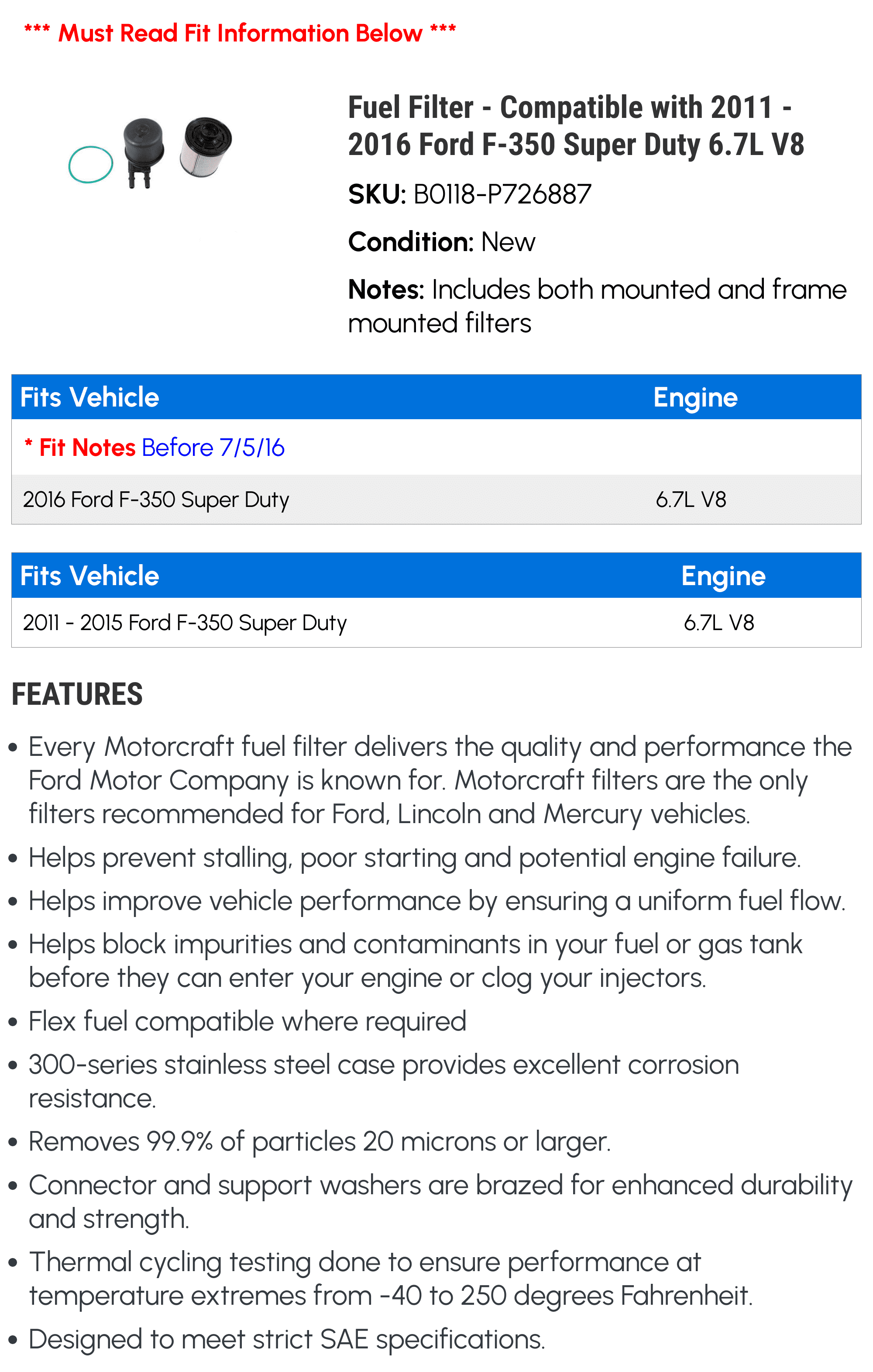 Fuel Filter - Compatible with 2011 - 2016 Ford F-350 Super Duty 6.7L V8 2012 2013 2014 2015