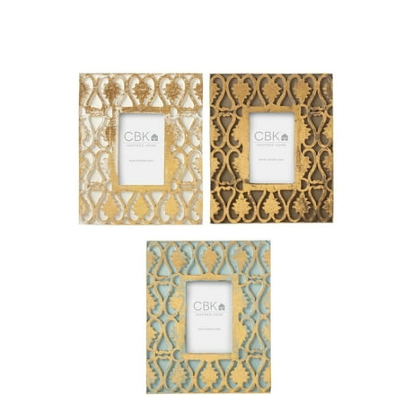 - Set of 3 White, Brown and Sky Blue Carved Wood Frames with Gold Accent 11.5