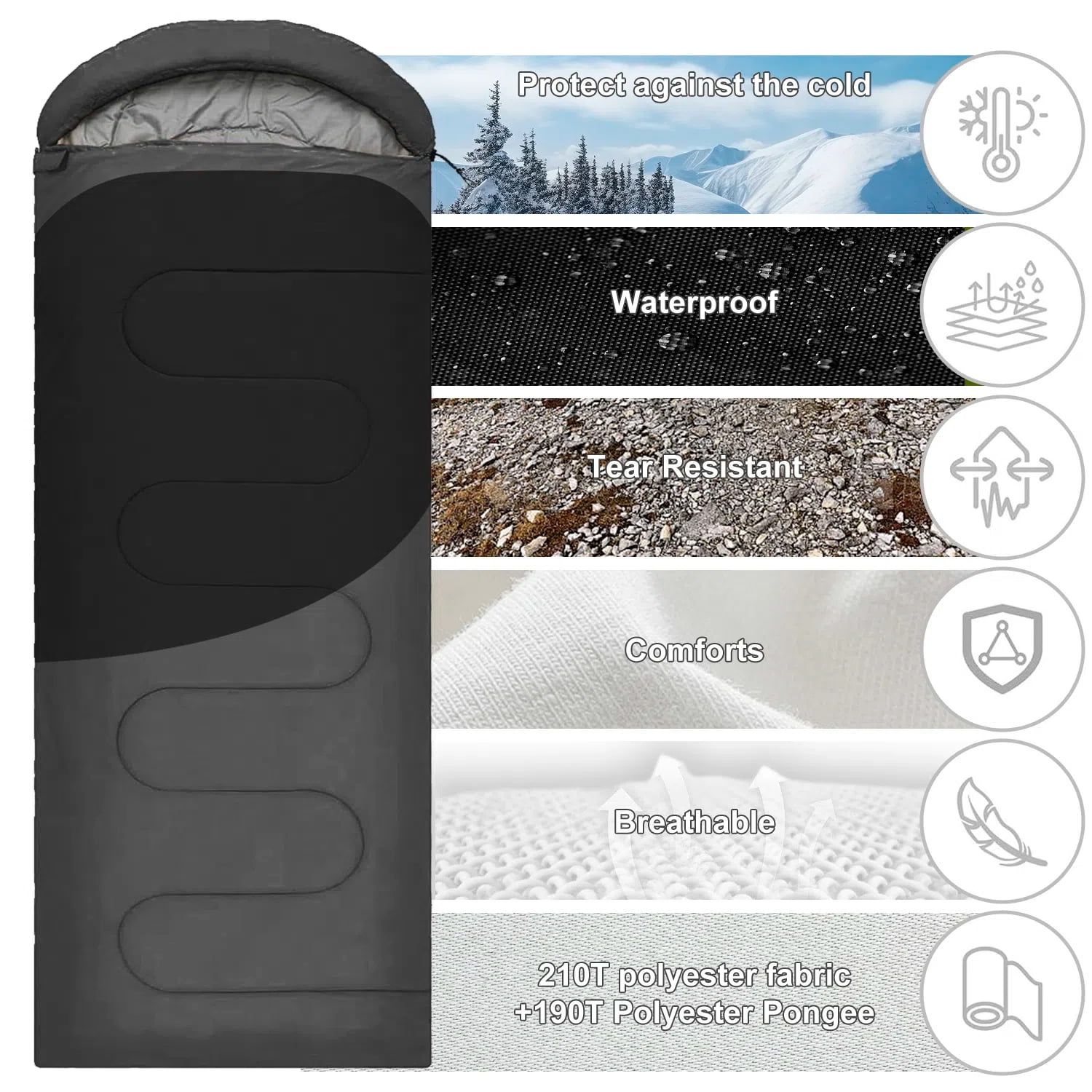 Teblint Camping Sleeping Bag for Adults Kids, Cold Weather Warm Sleeping Bag with Compression Bag for 3 Seasons, Compact Camping Essentials Gear Accessories Hiking Sleep Must Haves-Gray