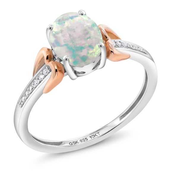 Gem Stone King 1.05 Cttw Oval Cabochon White Simulated Opal and Diamond 925 Silver 10K Rose Gold Engagement Ring (Size 6)