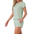 thumbnail image 4 of INSPIRE CHIC Womens Pajama Set Soft Short Sleeve Shorts Set Crewneck Ruffle Lounge Set with Pocket XS Green, 4 of 6