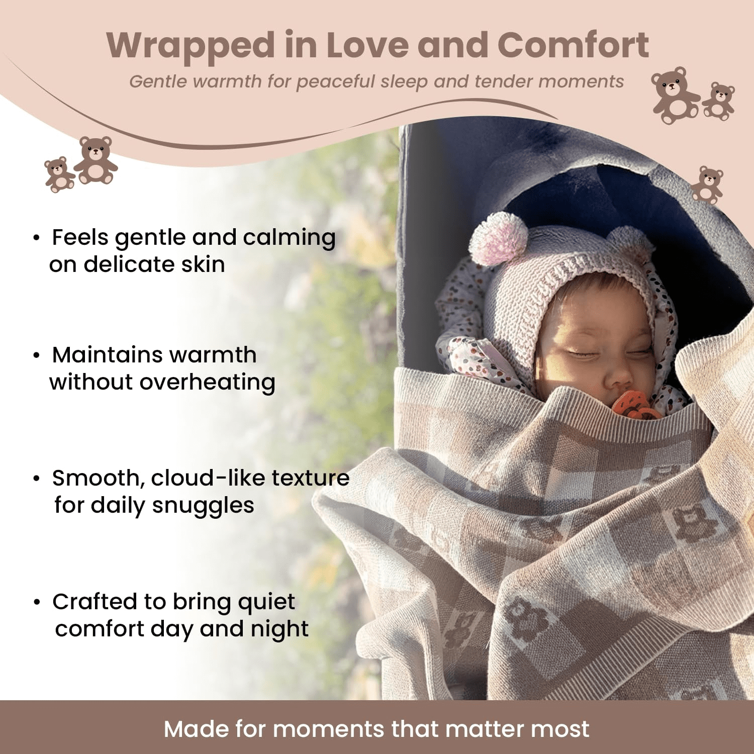 Gender-Neutral Checkered Baby Blanket 30x40 Inches, Mocha Teddy Bear – 100% Organic GOTS Certified Cotton, Soft and Lightweight, Perfect for Swaddling