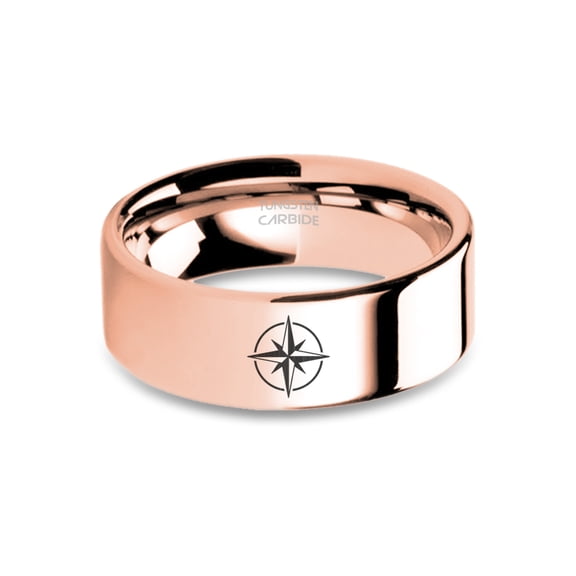 Wind Rose Compass Symbol Engraved Rose Gold Polished Tungsten Ring, 8mm, Size 15
