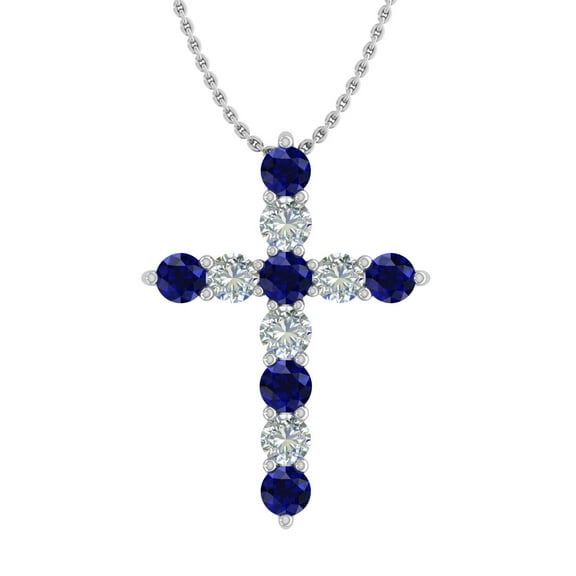 2 Carat Blue Sapphire & White Diamond Cross Pendant Necklace in 14K White Gold (Silver Chain Included)