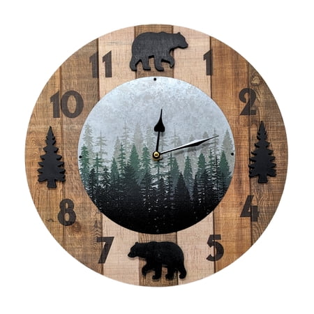 Wooden Black Bear Wall Clock – 15 Round Rustic Wildlife Design – Nature-Inspired Silent Timepiece for Cabin, Lodge, or Woodland Décor in Living Room, Kitchen, Bedroom, or Office