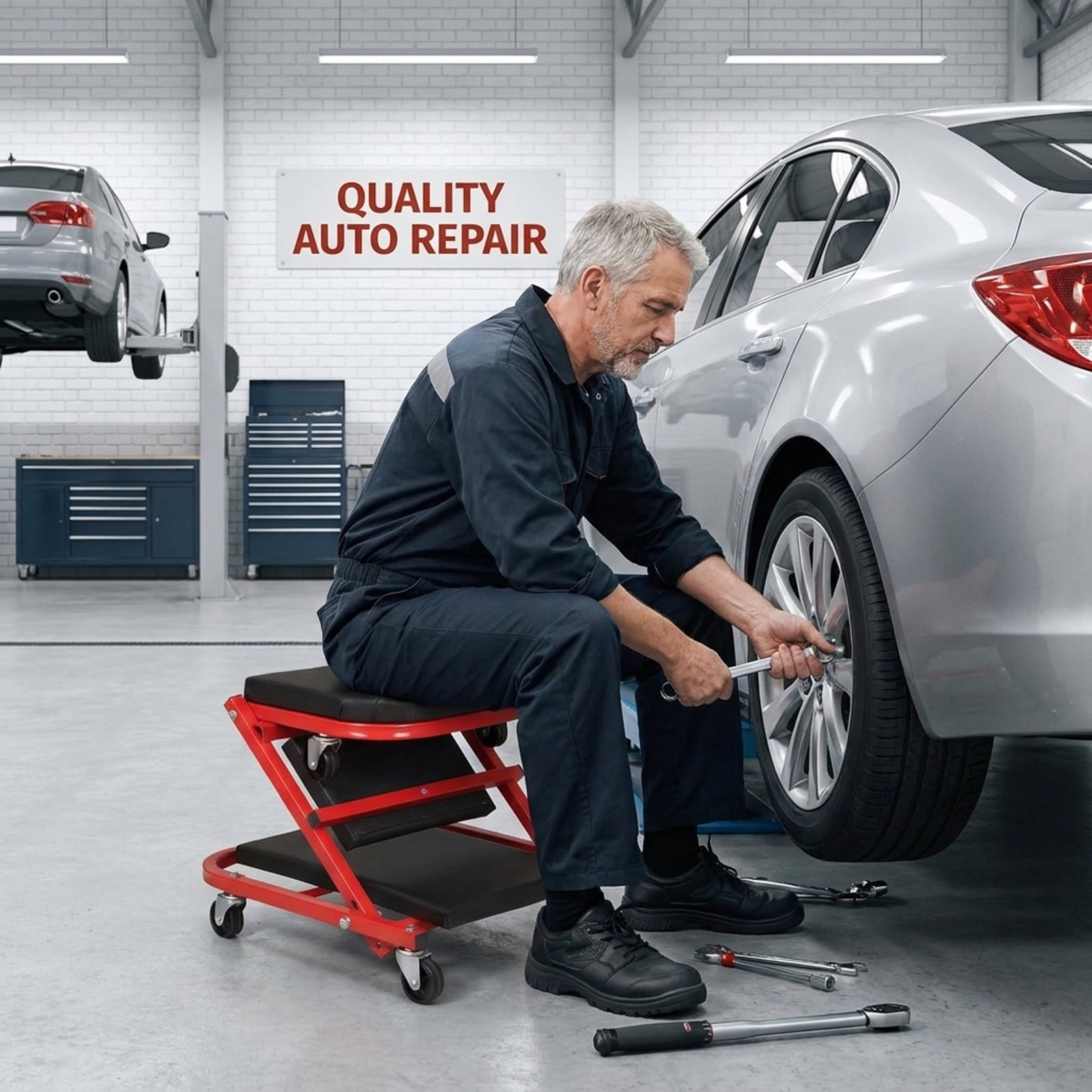 Biotree 2-in-1 Z-Shaped Rolling Garage Stool 36 Inch Folding Automotive Creeper 400 lbs - Red