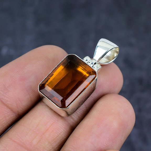 Adidev 30 Carat Citrine Gemstone Rectangle ShapeBrown Color 925 Sterling Silver Pendant for Women