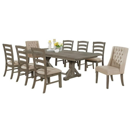 Rustic 9pc Dining Set with Beige Linen Chairs and Extendable Wood ...