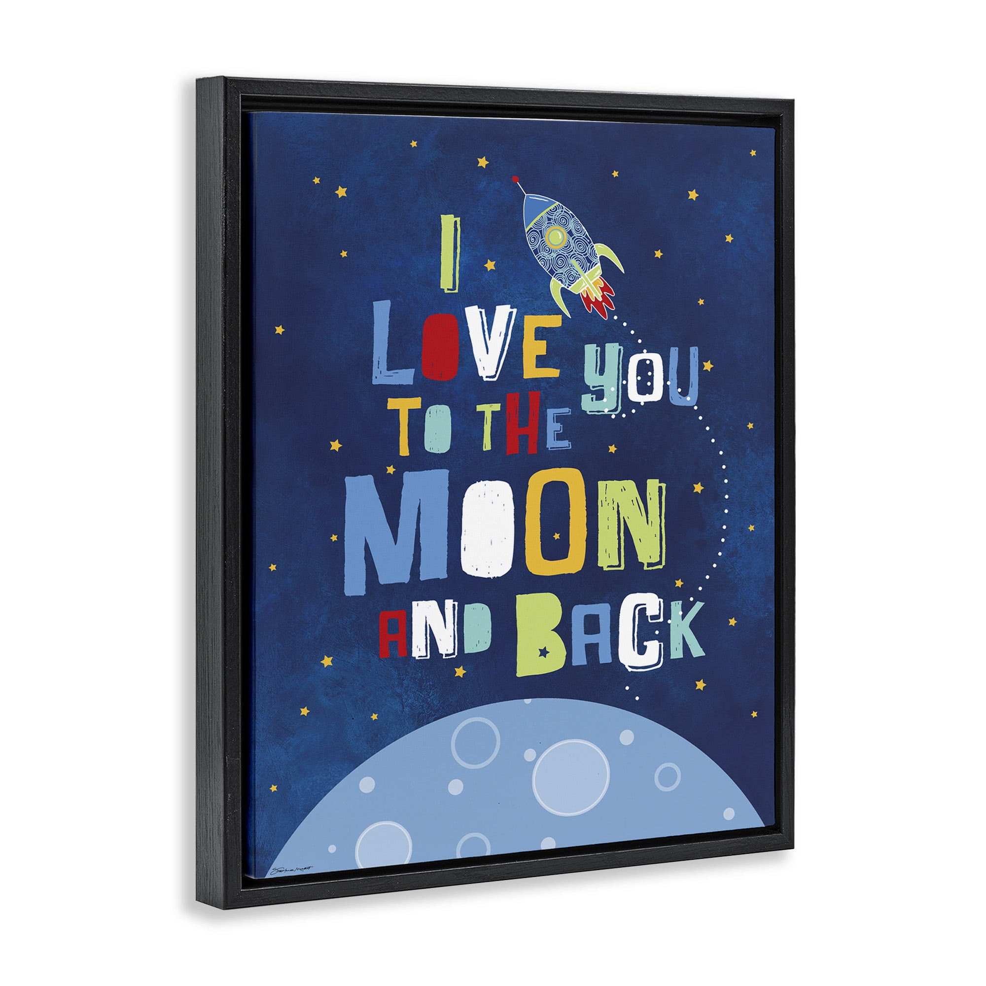 Stupell Industries Moon & Back with Rocket Ship Art for Kids Painting Black Floater Framed Canvas Art Print Wall Art, 17 x 21