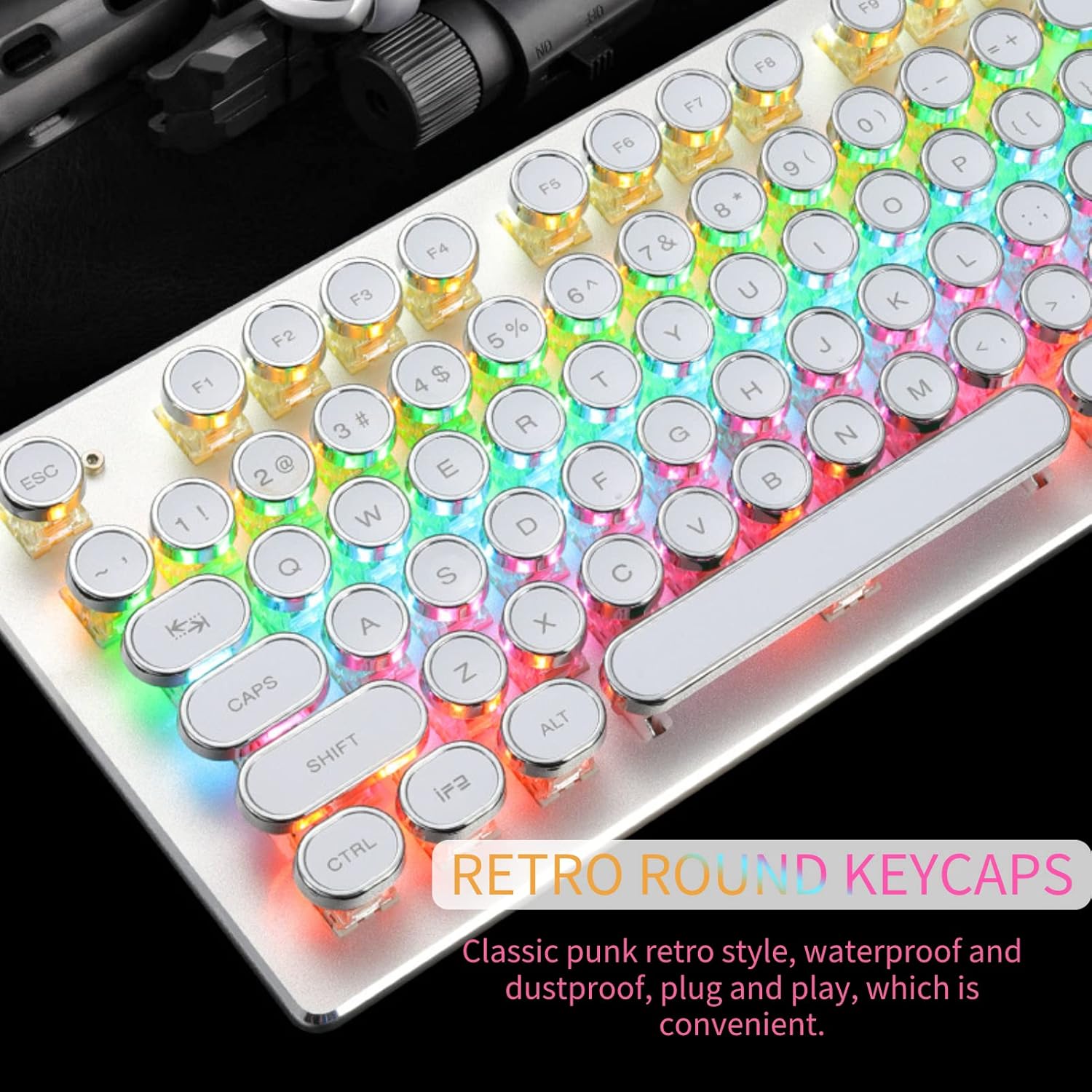 Mechanical Gaming Keyboard, Retro Steampunk Typewriter Keyboard, 104 Keys USB Wired Mixed Light Backlit with Round Keycaps(White)