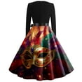 thumbnail image 3 of Fgvctg Mardi Gras Dresses Cocktail for Women Carnival V Neck Cocktail Dresses Glitter Mask Print Soft 1950s Dresses Flowy Long Sleeve Elegant Parade Party Clothes Red 4XL, 3 of 5