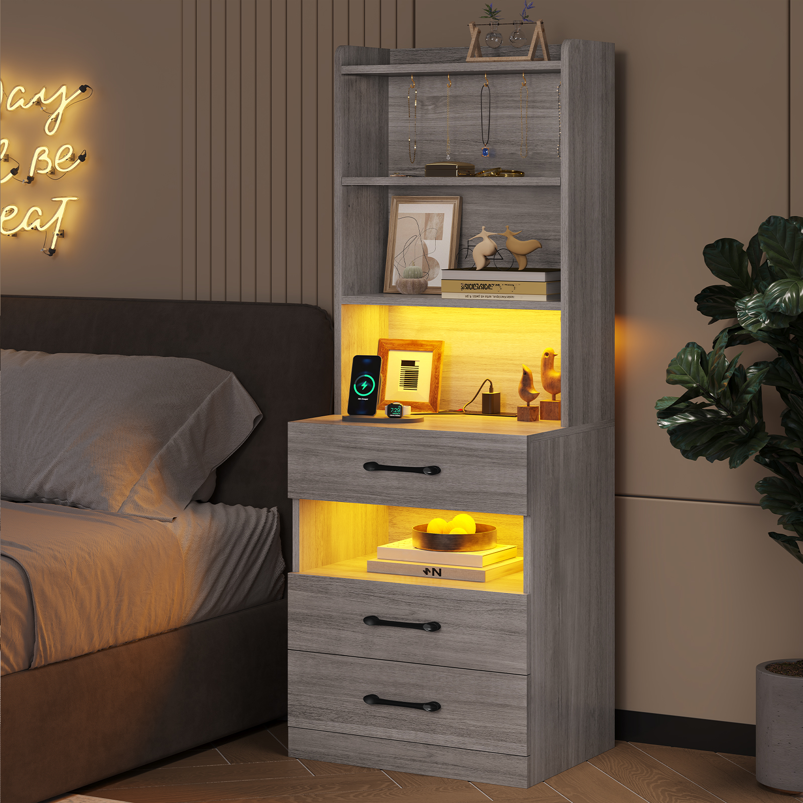 AOGLLATI Tall Nightstand with Charging Station and LED Lights Bookshelf, Bedside Table with 3 Drawers and Storage Shelves, End Side Table for Bedrooms