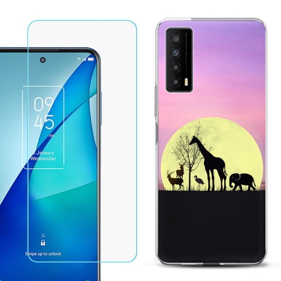 Slim-Fit Gel TPU Phone Case for TCL Stylus 5G, with Tempered Glass Screen Protector, by OneToughShield ® - Moonlight Safari