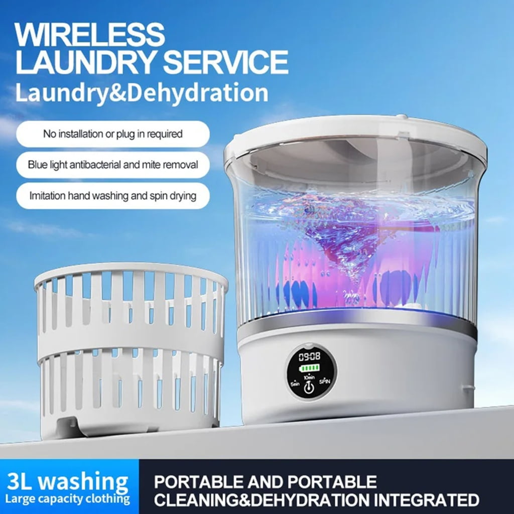 Compact Cordless Laundry Washer with Built in Battery for Delicate Clothes Dormitory Camping Water Saving Technology