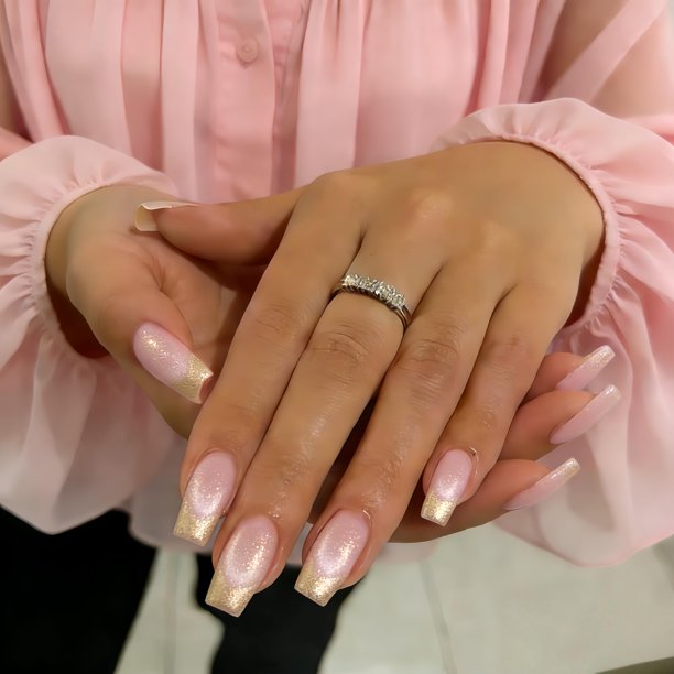 Uñas postizas adhesivas JOYVVEW punta francesa dorada, largas cuadradas, 30 piezas
