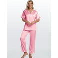thumbnail image 4 of DAKIMOE Womens Silk Satin Pajama Sets Short Sleeve Pjs V Neck Pajamas for Women with Long Pant S to XL, 4 of 8