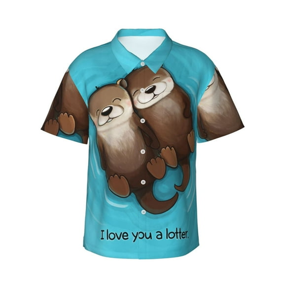 Cute Sea Otter Love Lotter Men'S 3d Print Casual Button Down Shirts, Novelty Hawaiian Short Sleeves 3xl