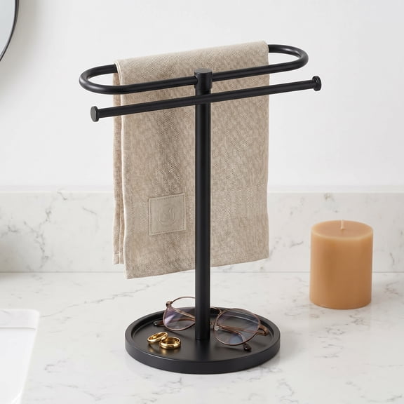 Towel Holder Stand, Stainless Steel Hand Towel Holder Rack for Bathroom Countertop, S-Shape Free Standing Towel Bar Holds 2 Towels for Kitchen Countertop, Black