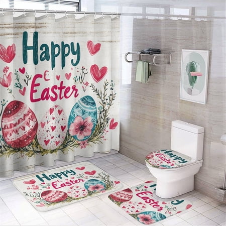 4 Pcs Shower Curtain Set Easter Eggs-4 Non-Slip Rugs And Toilet Mat Lid Rug Accessories Bathroom Decor Set with Accessories for Bathroom Decor Set 72inch X 72inch