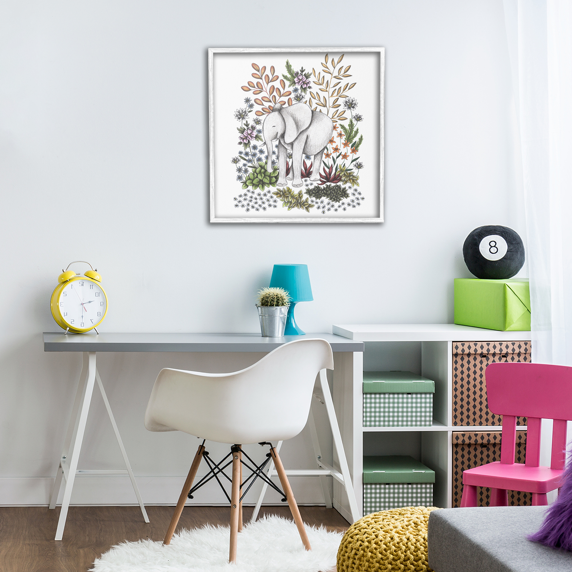 Jungle Wildlife Elephant White Framed Giclee Art, design by Cecilia Battaini